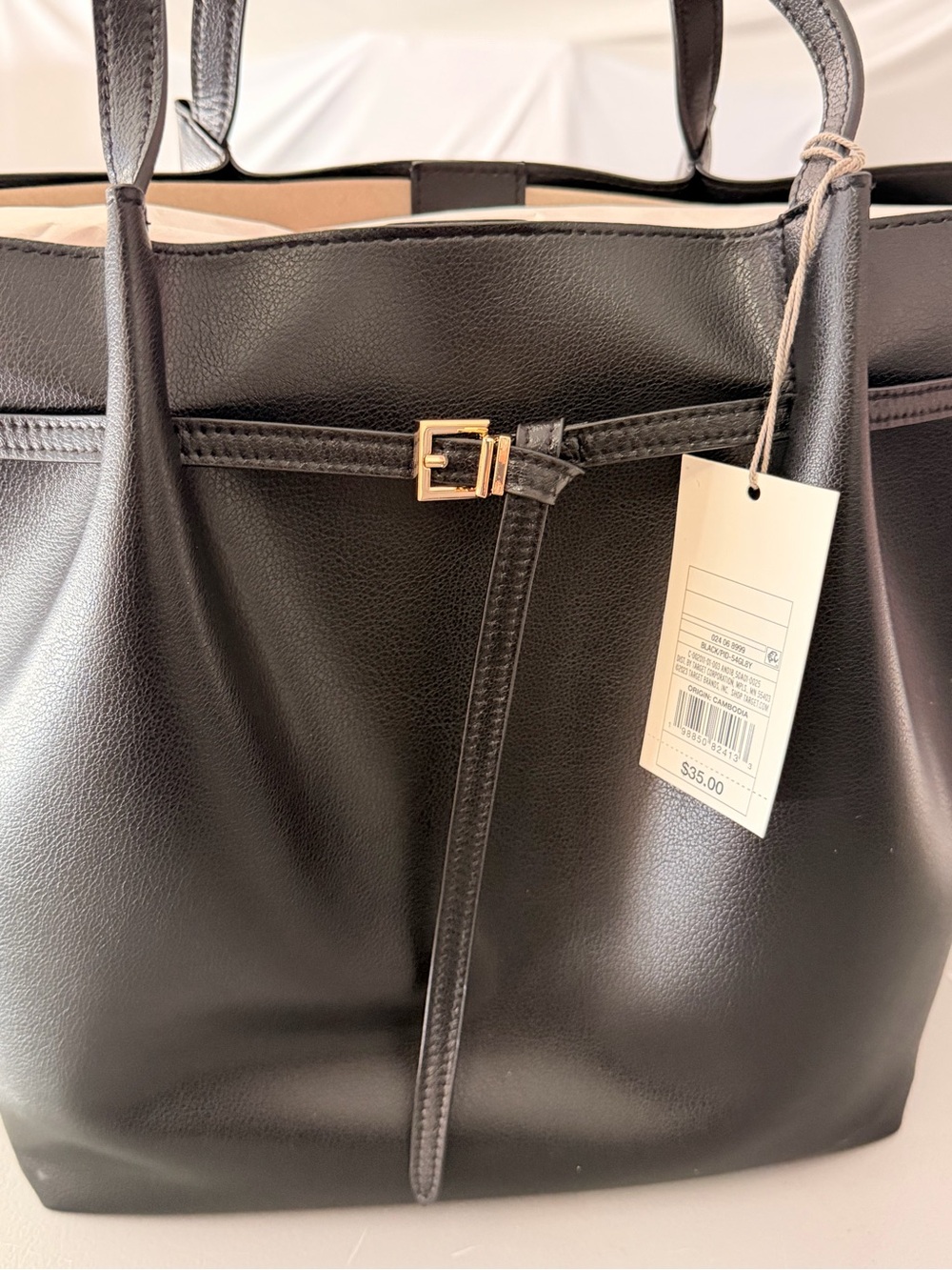 Classic Black Tote Bag with Gold Buckle